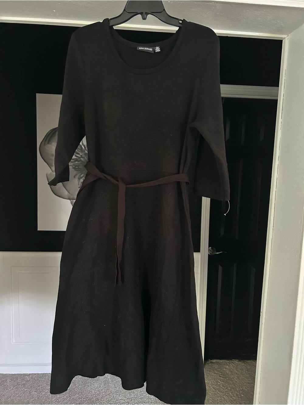 Nina Leonard Black Midi Knit Dress with Self-Tie Belt